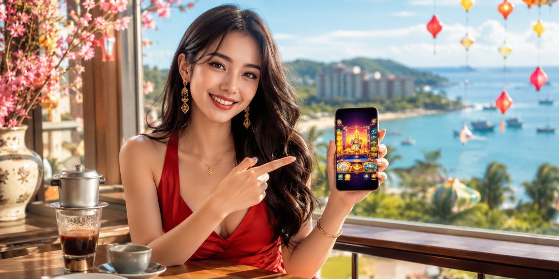 Người dùng tại Phú Quốc truy cập casino di động trong khi uống cà phê nhìn ra biển